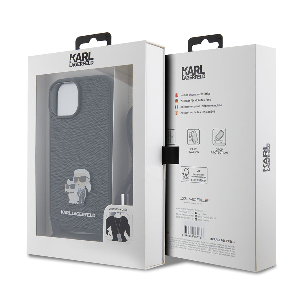 Case for Apple iPhone 15, Karl Lagerfeld, Saffiano Crossbody Metal Pin Karl & Choupette, Black