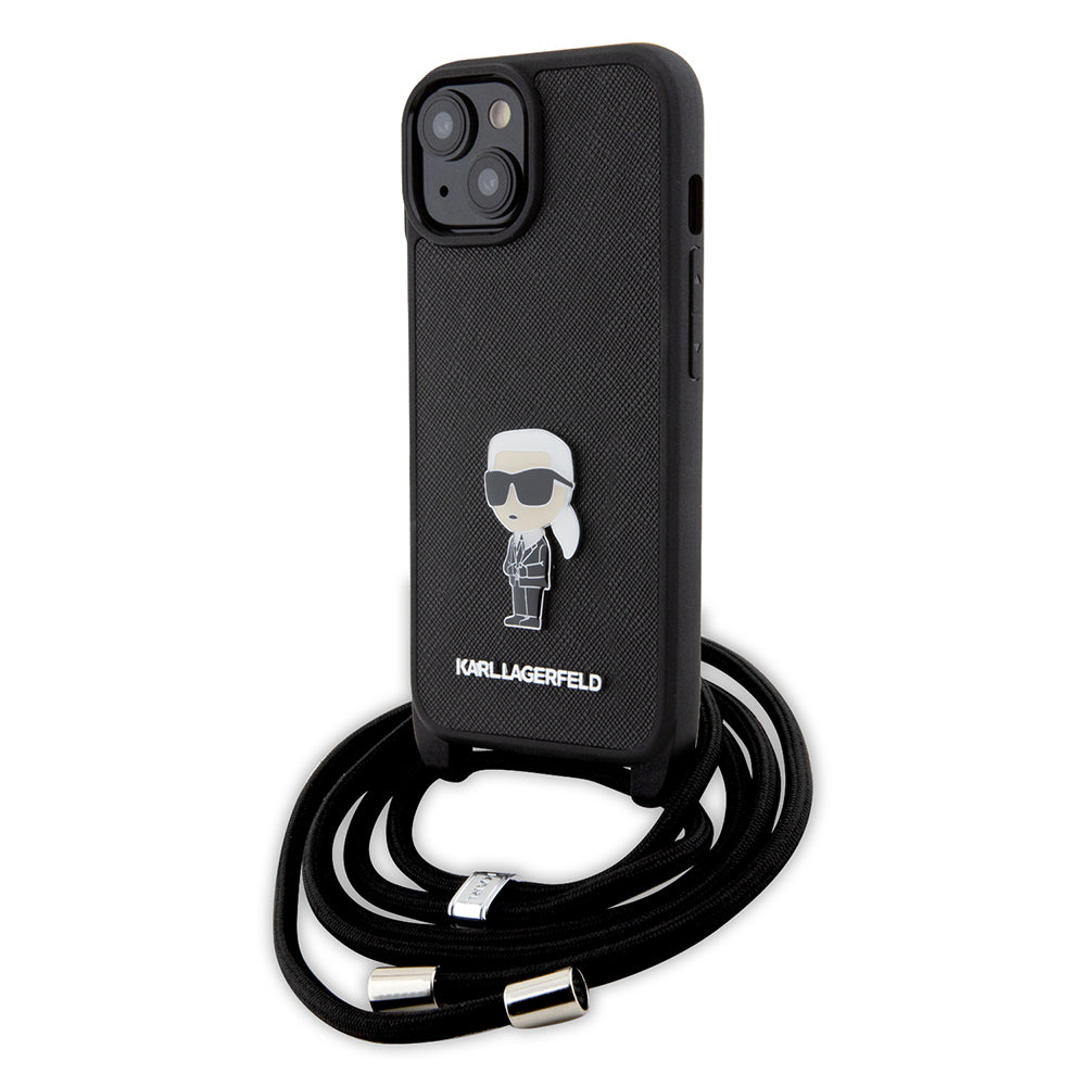 Puzdro pre Apple iPhone 15, Karl Lagerfeld, Saffiano Crossbody Monogram Metal Pin Karl, Čierne