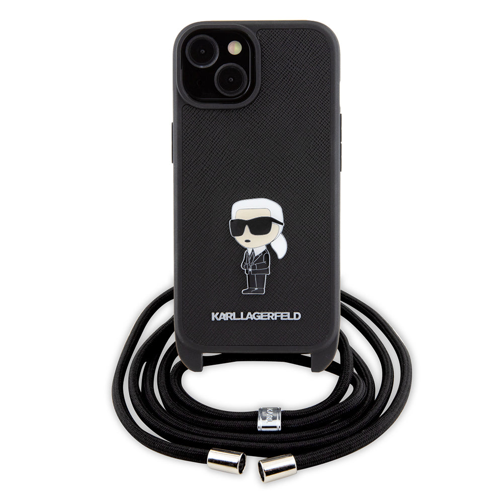 Puzdro pre Apple iPhone 15, Karl Lagerfeld, Saffiano Crossbody Monogram Metal Pin Karl, Čierne