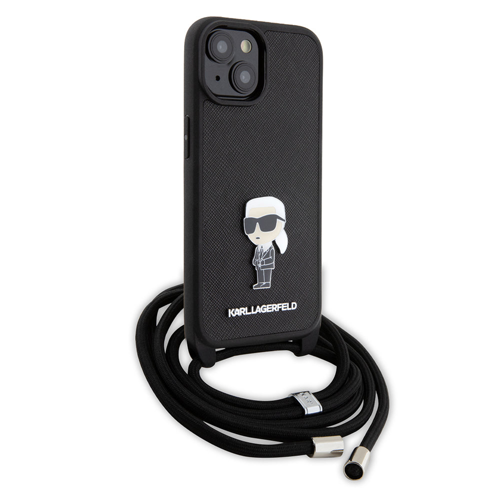 Puzdro pre Apple iPhone 15, Karl Lagerfeld, Saffiano Crossbody Monogram Metal Pin Karl, Čierne
