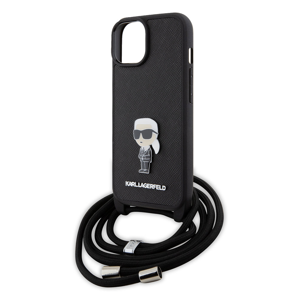Puzdro pre Apple iPhone 15, Karl Lagerfeld, Saffiano Crossbody Monogram Metal Pin Karl, Čierne