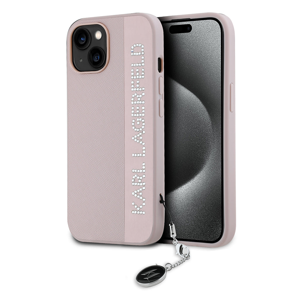 Puzdro pre Apple iPhone 15, Karl Lagerfeld, Saffiano Rhinestones & Charm, Ružové