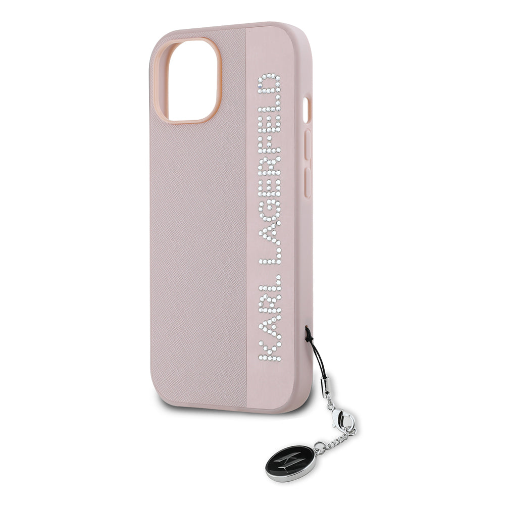Puzdro pre Apple iPhone 15, Karl Lagerfeld, Saffiano Rhinestones & Charm, Ružové