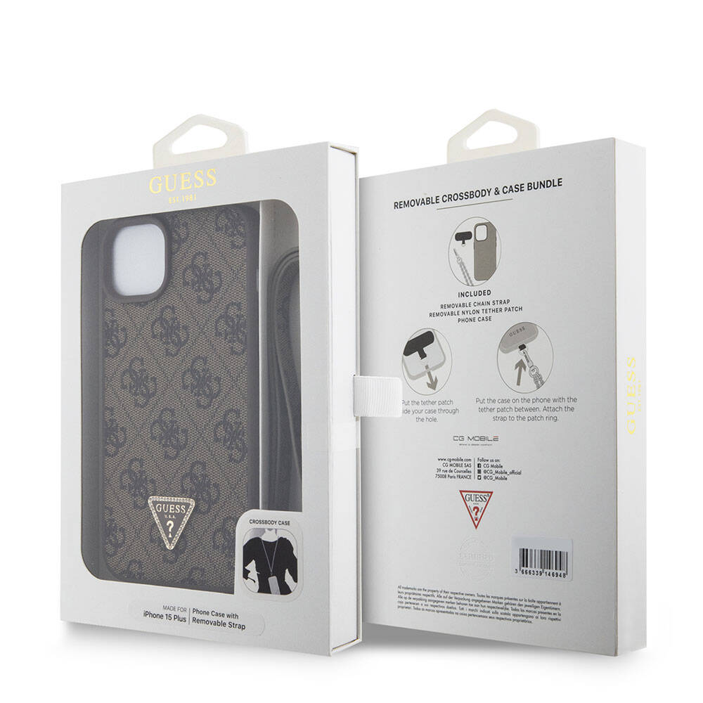 Puzdro pre Apple iPhone 15 Plus, Guess, Crossbody 4G Metal Logo, Hnedé