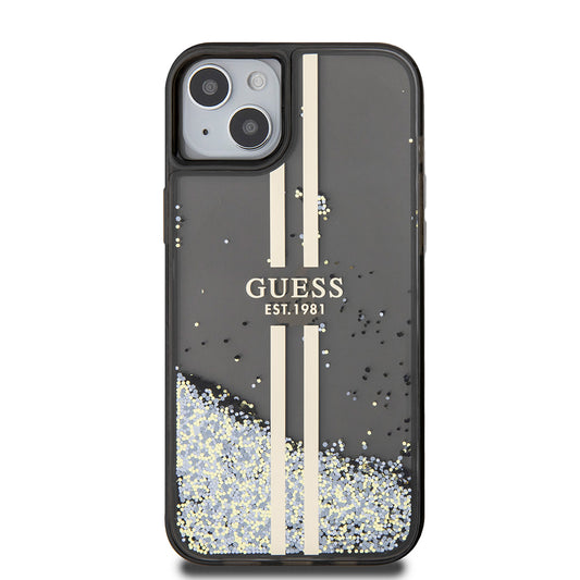 Puzdro pre Apple iPhone 15 Plus, Guess, Liquid Glitter Gold Stripes, Čierne