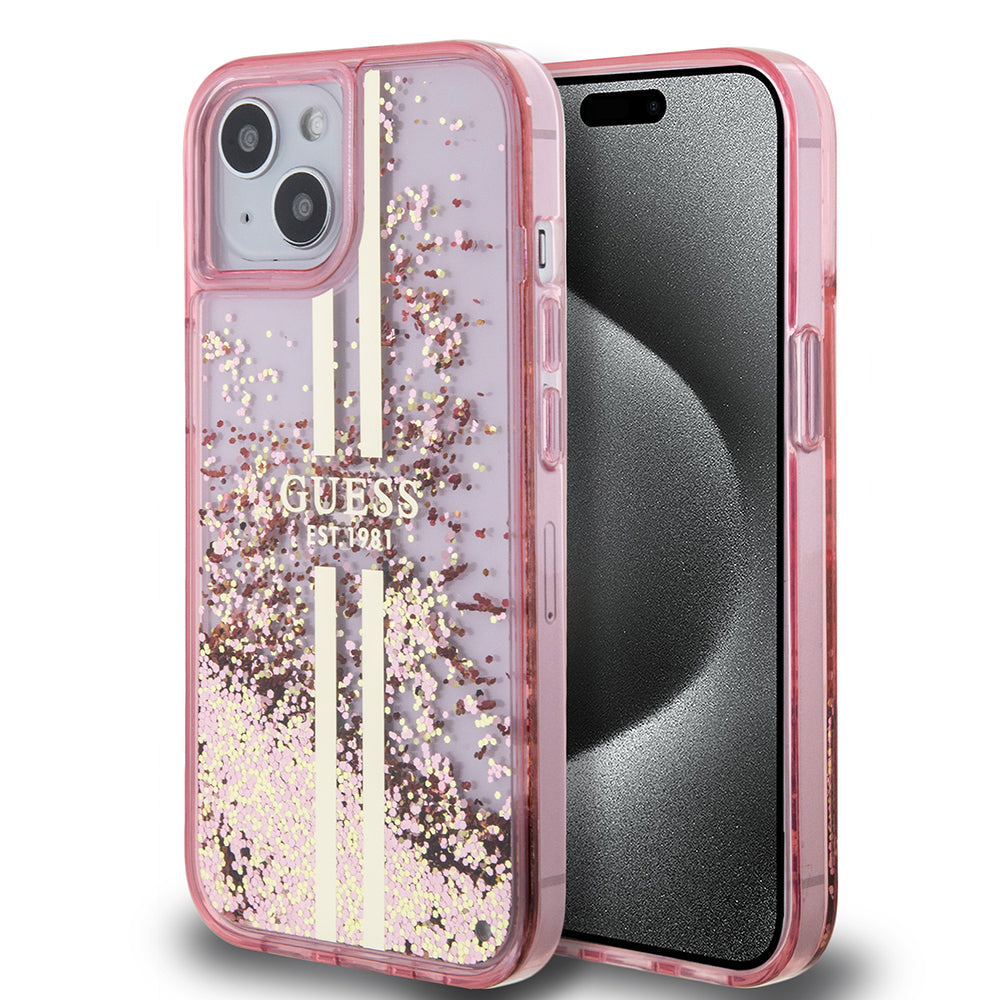 Puzdro pre Apple iPhone 15 Plus, Guess, Liquid Glitter Gold Stripes, Ružové