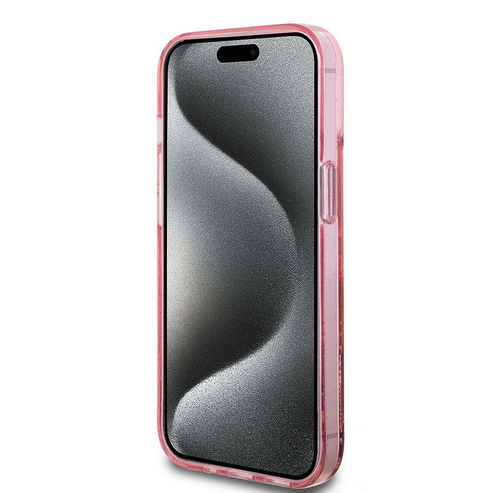 Puzdro pre Apple iPhone 15 Plus, Guess, Liquid Glitter Gold Stripes, Ružové