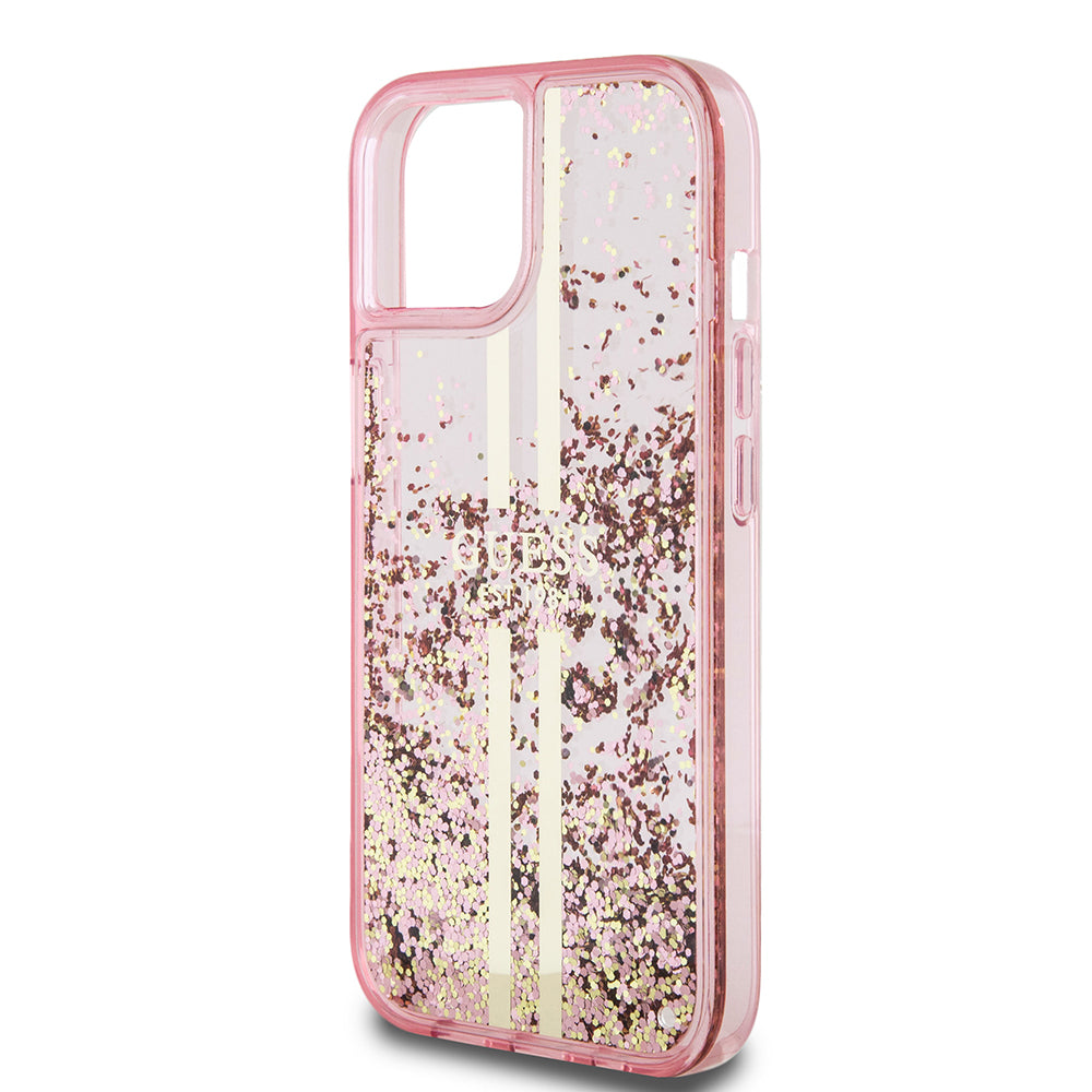 Puzdro pre Apple iPhone 15 Plus, Guess, Liquid Glitter Gold Stripes, Ružové