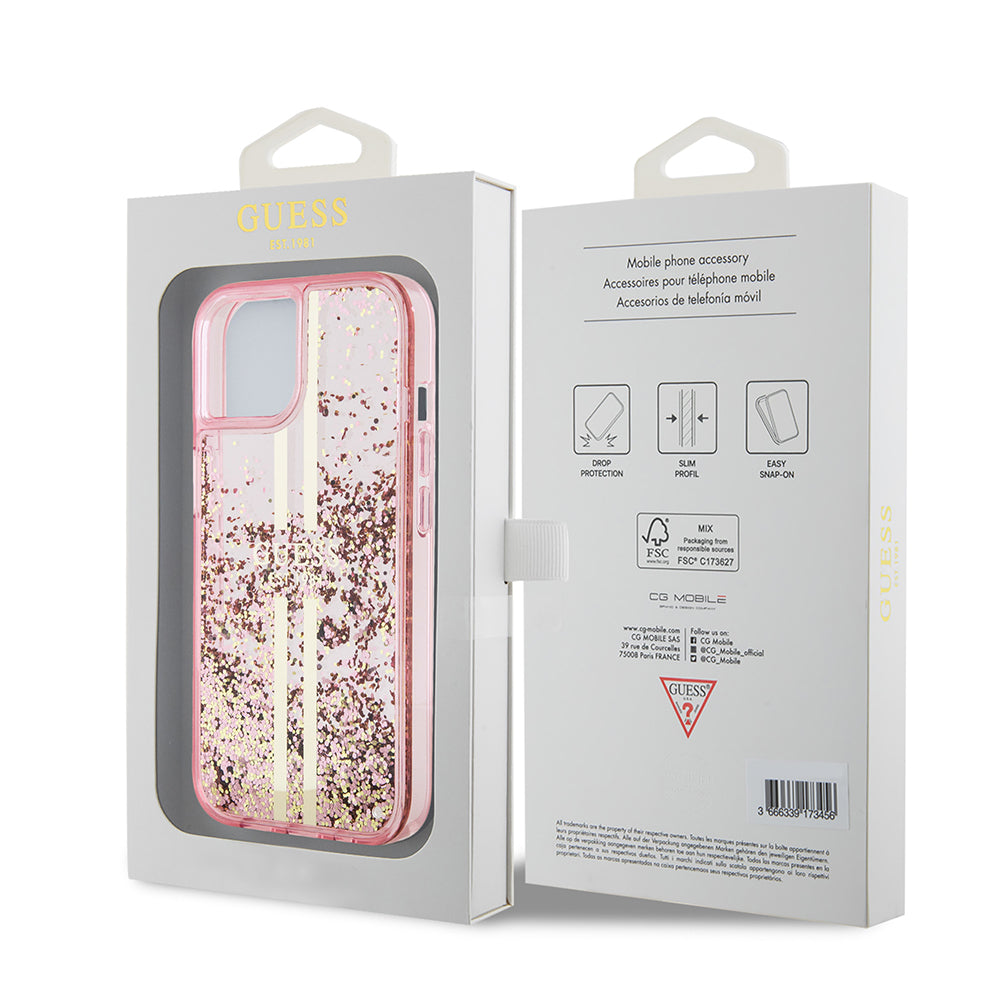 Puzdro pre Apple iPhone 15 Plus, Guess, Liquid Glitter Gold Stripes, Ružové