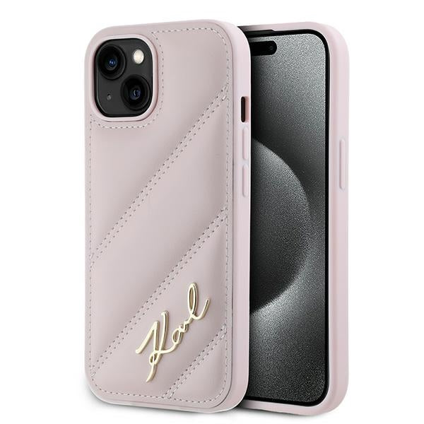 Puzdro pre Apple iPhone 15 Plus, Karl Lagerfeld, Diagonal Quilted Script, Ružové