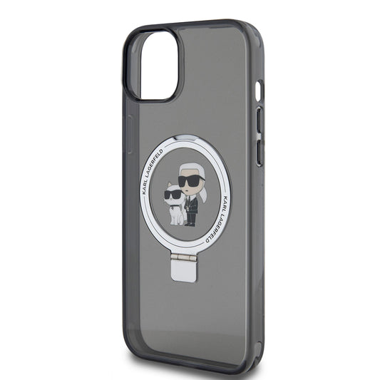 Puzdro pre Apple iPhone 15 Plus, Karl Lagerfeld, Ringstand Karl & Choupette, Čierne