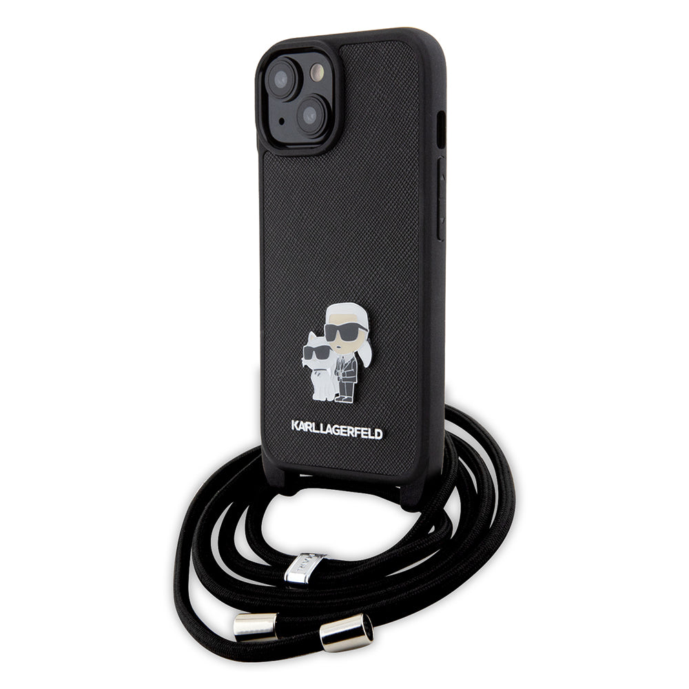 Puzdro pre Apple iPhone 15 Plus, Karl Lagerfeld, Saffiano Crossbody Metal Pin Karl & Choupette, Čierne