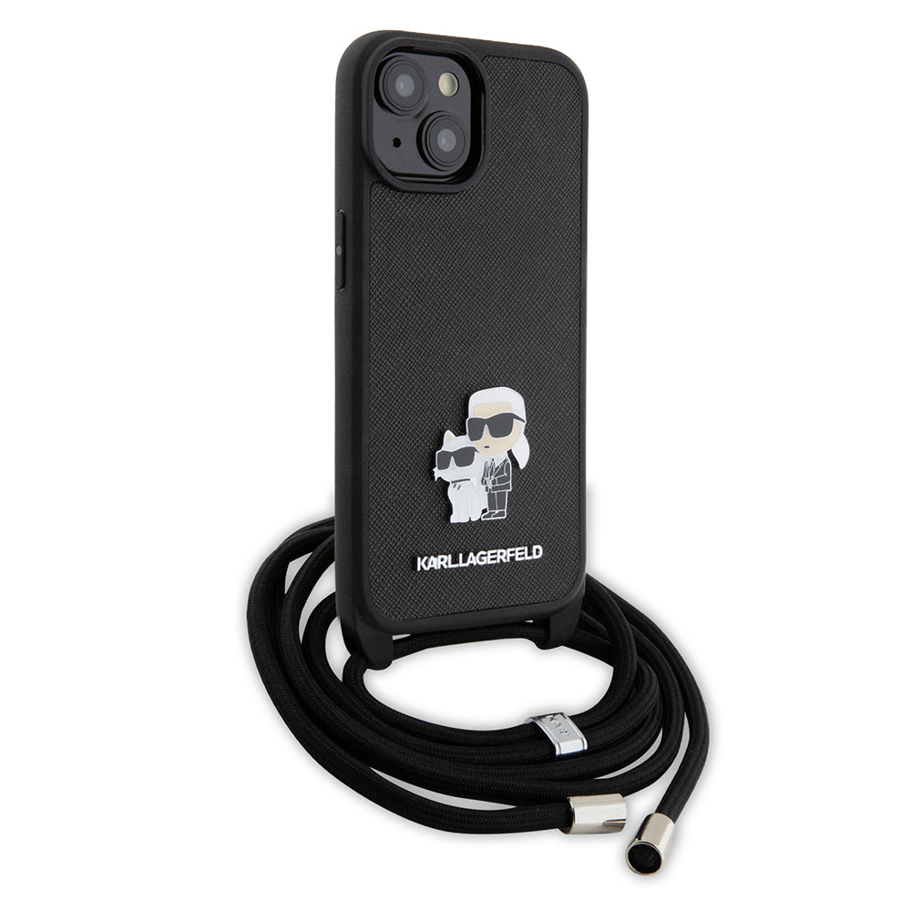 Puzdro pre Apple iPhone 15 Plus, Karl Lagerfeld, Saffiano Crossbody Metal Pin Karl & Choupette, Čierne