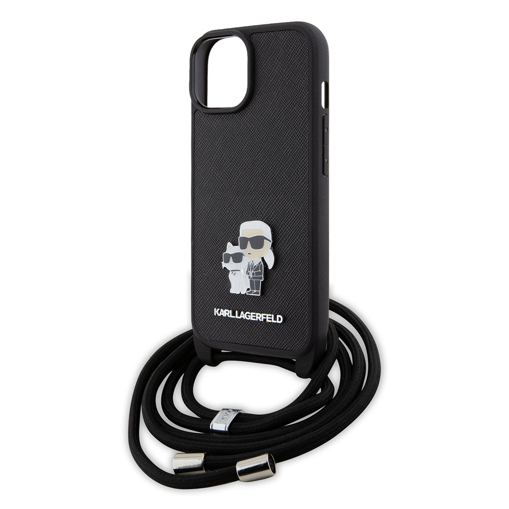 Puzdro pre Apple iPhone 15 Plus, Karl Lagerfeld, Saffiano Crossbody Metal Pin Karl & Choupette, Čierne