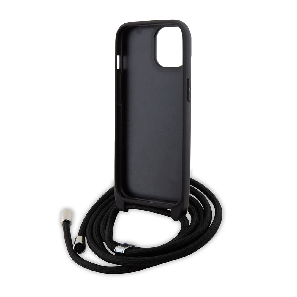 Puzdro pre Apple iPhone 15 Plus, Karl Lagerfeld, Saffiano Crossbody Metal Pin Karl & Choupette, Čierne