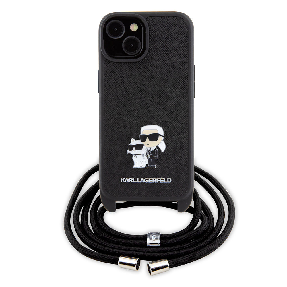 Puzdro pre Apple iPhone 15 Plus, Karl Lagerfeld, Saffiano Crossbody Metal Pin Karl & Choupette, Čierne