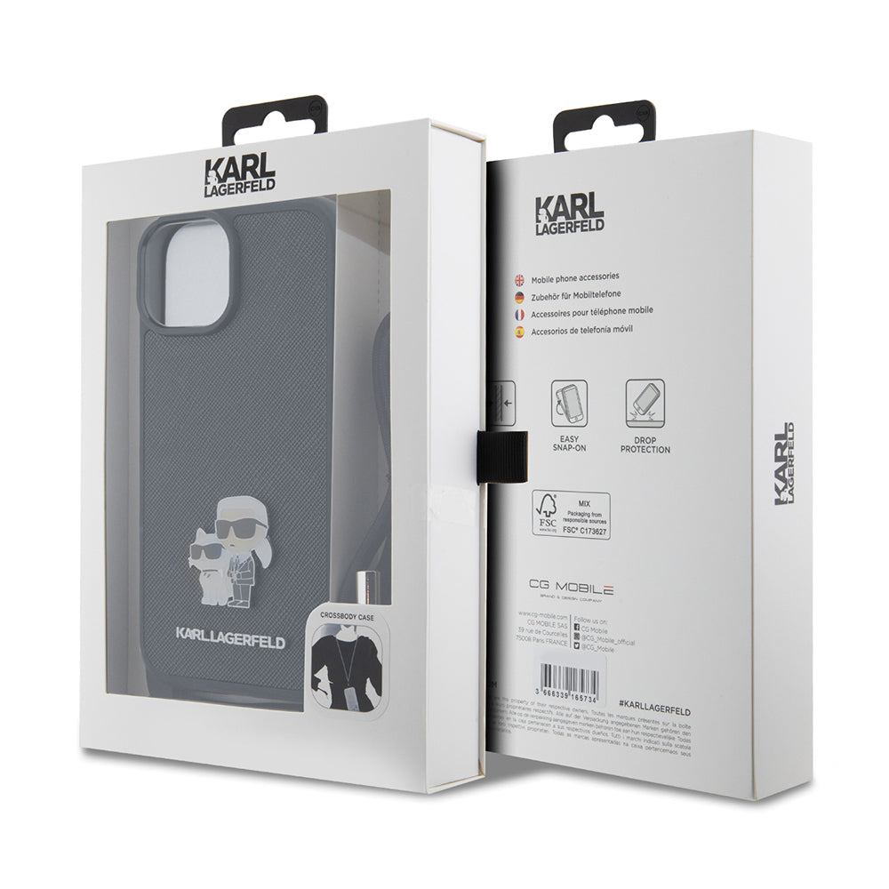 Puzdro pre Apple iPhone 15 Plus, Karl Lagerfeld, Saffiano Crossbody Metal Pin Karl & Choupette, Čierne