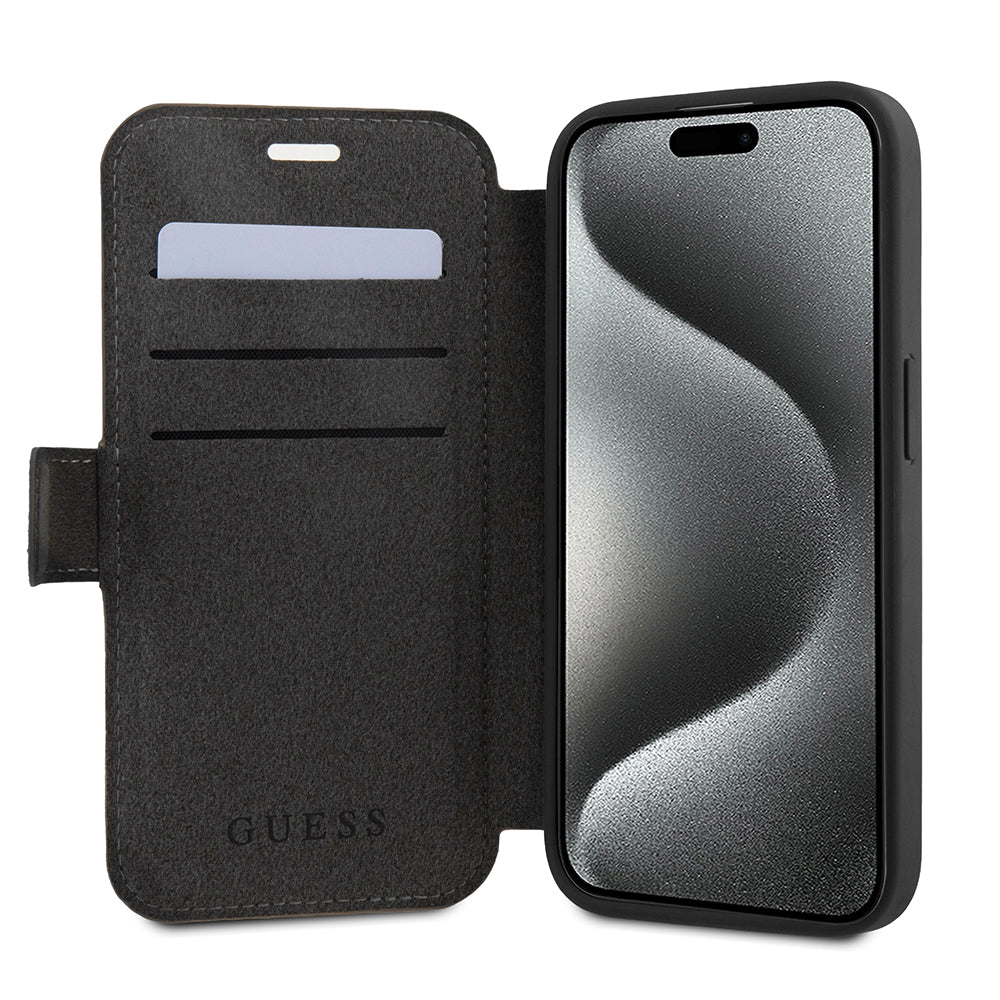 Puzdro pre Apple iPhone 15 Pro, Guess, 4G Book, Sivé