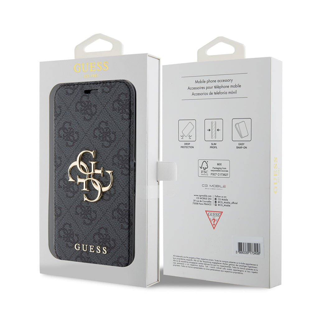 Puzdro pre Apple iPhone 15 Pro, Guess, 4G Book, Sivé