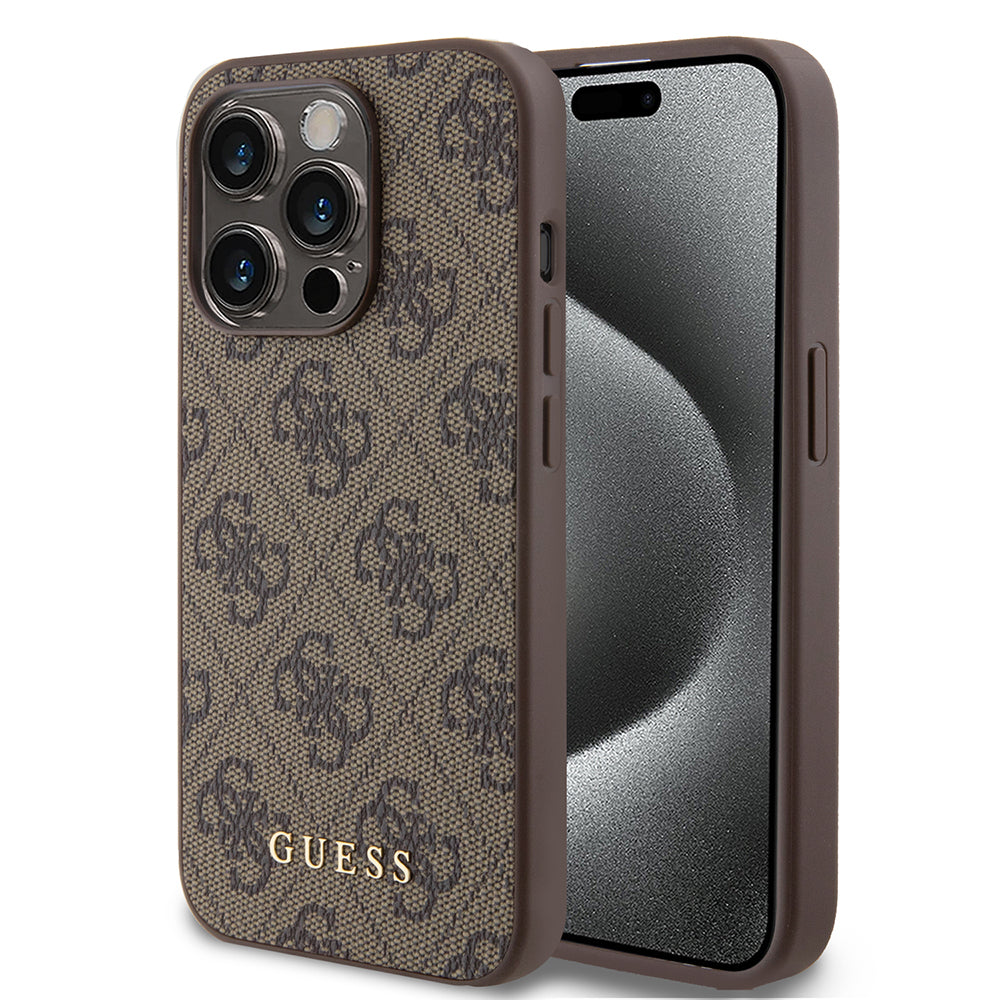 Puzdro pre Apple iPhone 15 Pro, Guess, 4G Metal Gold Logo, Hnedé