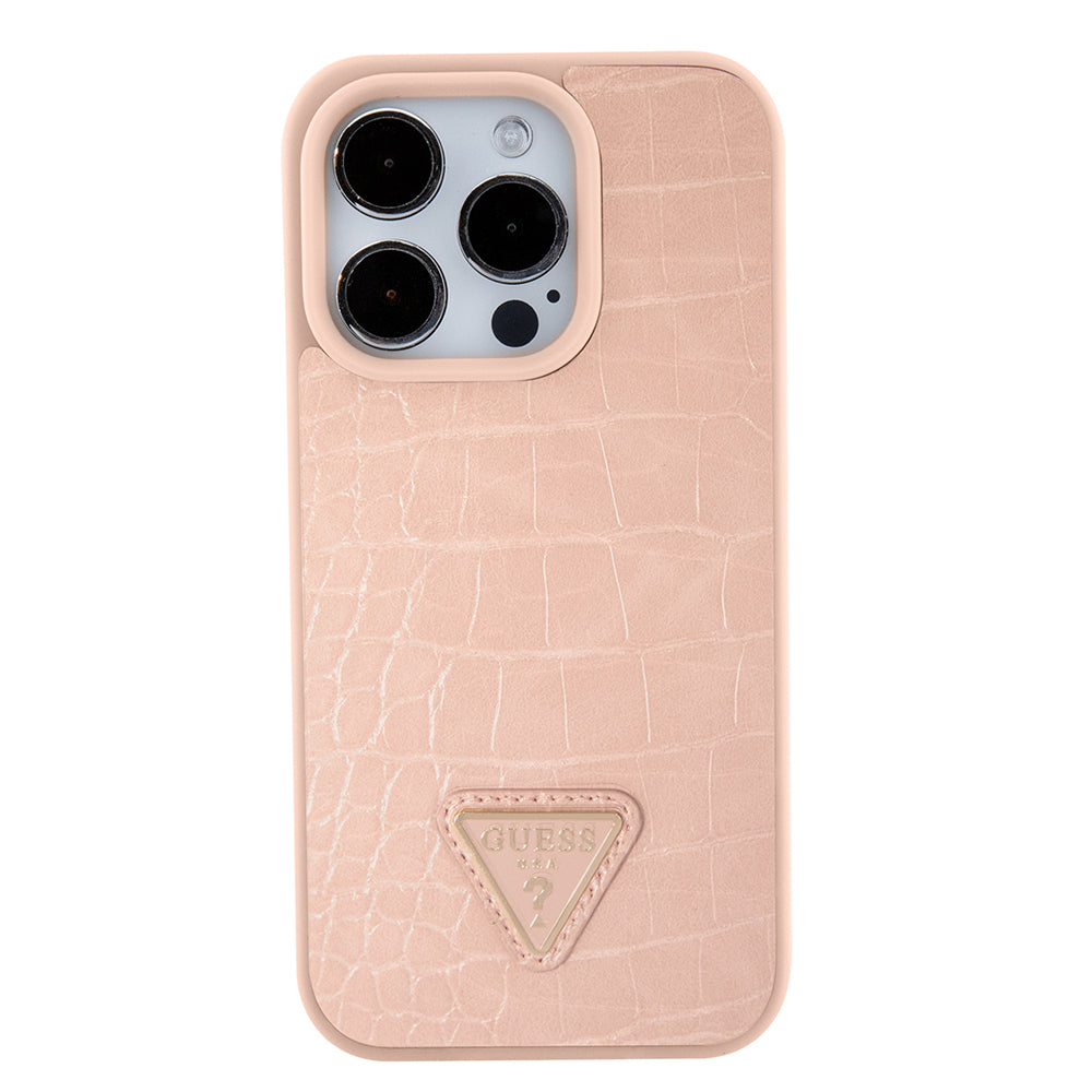 Puzdro pre Apple iPhone 15 Pro, Guess, Croco Triangle Metal Logo, Ružové