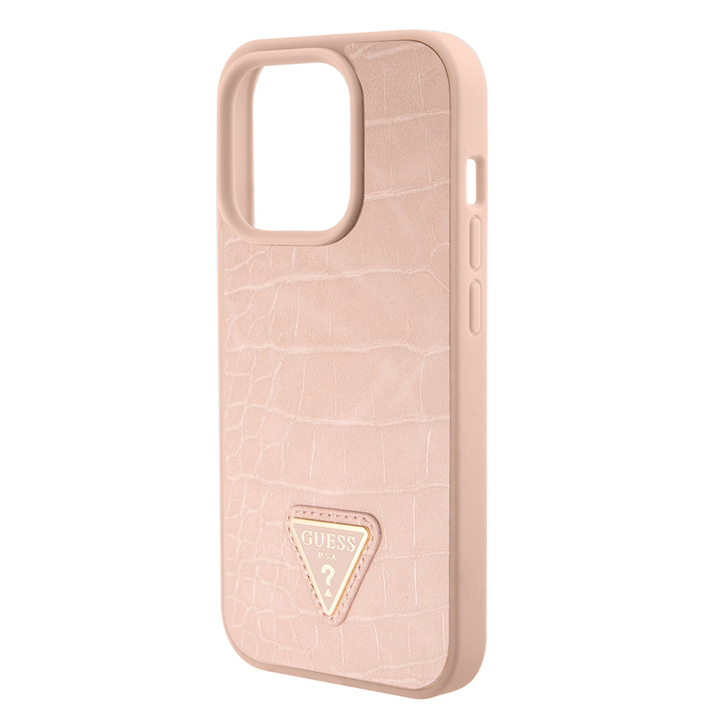 Puzdro pre Apple iPhone 15 Pro, Guess, Croco Triangle Metal Logo, Ružové