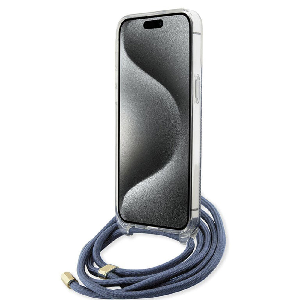 Puzdro pre Apple iPhone 15 Pro, Guess, Crossbody Cord 4G Print, Modrá
