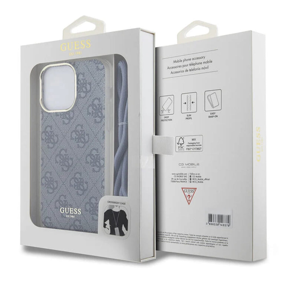 Puzdro pre Apple iPhone 15 Pro, Guess, Crossbody Cord 4G Print, Modrá