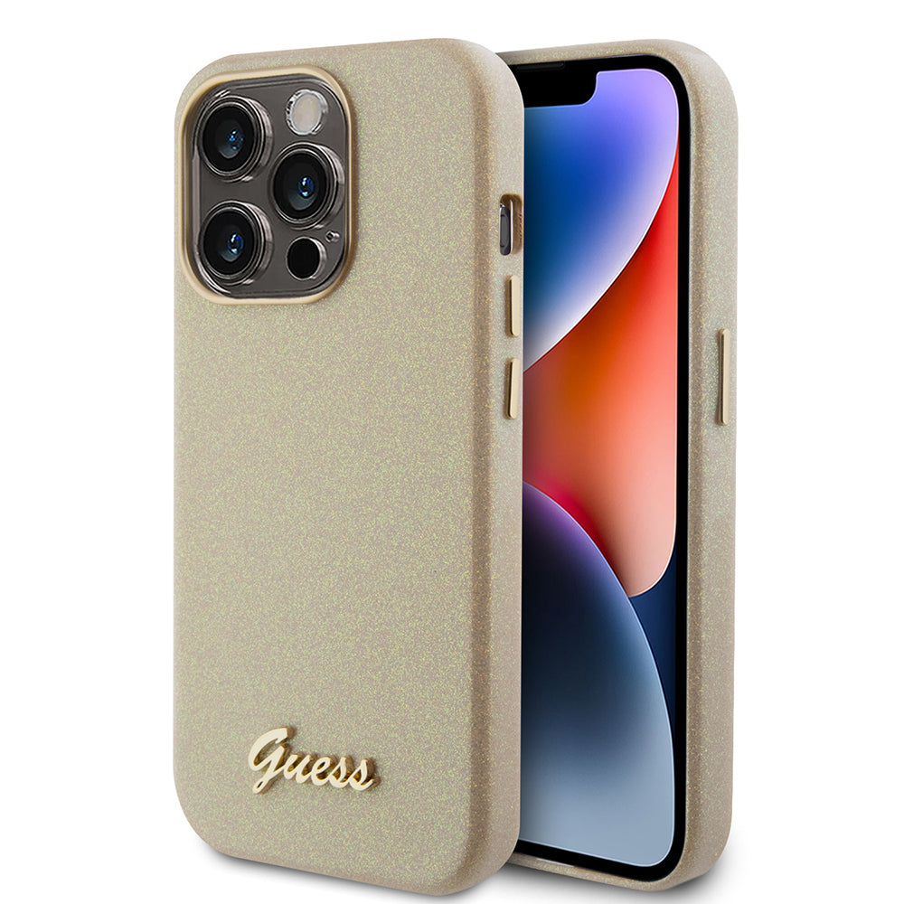 Puzdro pre Apple iPhone 15 Pro, Guess, Glitter Glossy Script, Bežové