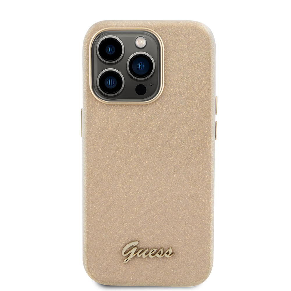 Puzdro pre Apple iPhone 15 Pro, Guess, Glitter Glossy Script, Bežové