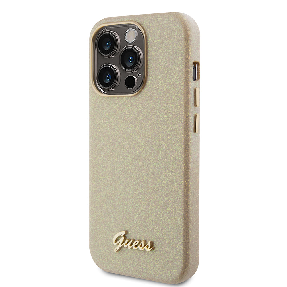 Puzdro pre Apple iPhone 15 Pro, Guess, Glitter Glossy Script, Bežové