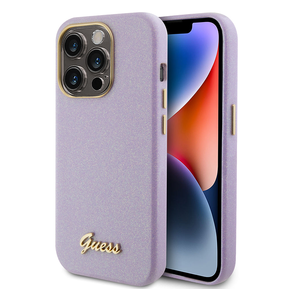 Puzdro pre Apple iPhone 15 Pro, Guess, Glitter Glossy Script, Svetlofialová