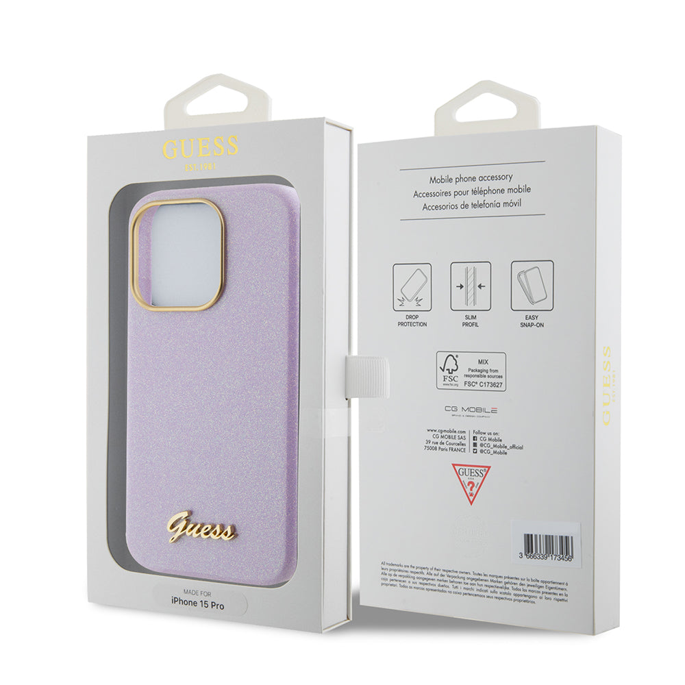 Puzdro pre Apple iPhone 15 Pro, Guess, Glitter Glossy Script, Svetlofialová