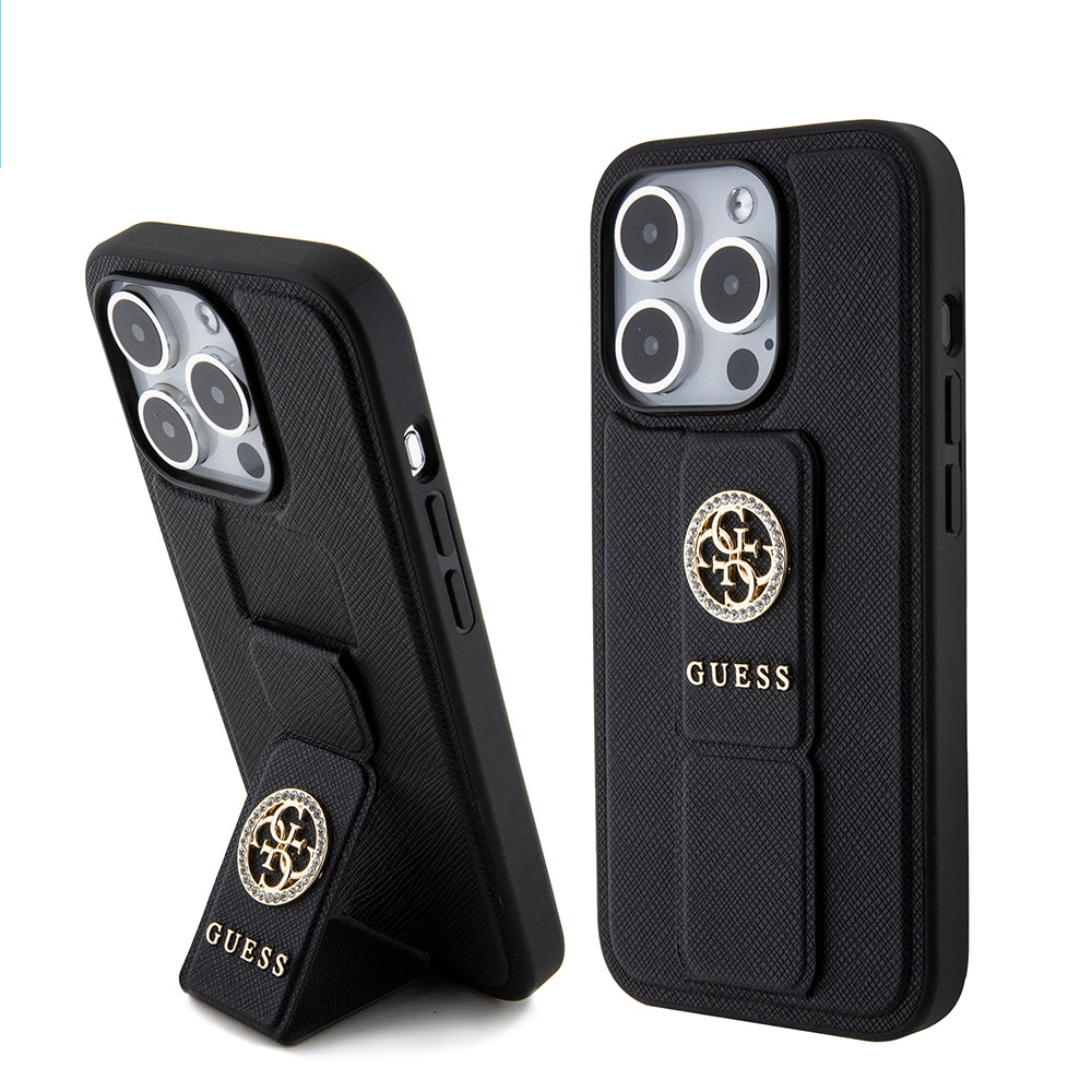 Puzdro pre Apple iPhone 15 Pro, Guess, Grip Stand 4G Saffiano Strass, Čierne