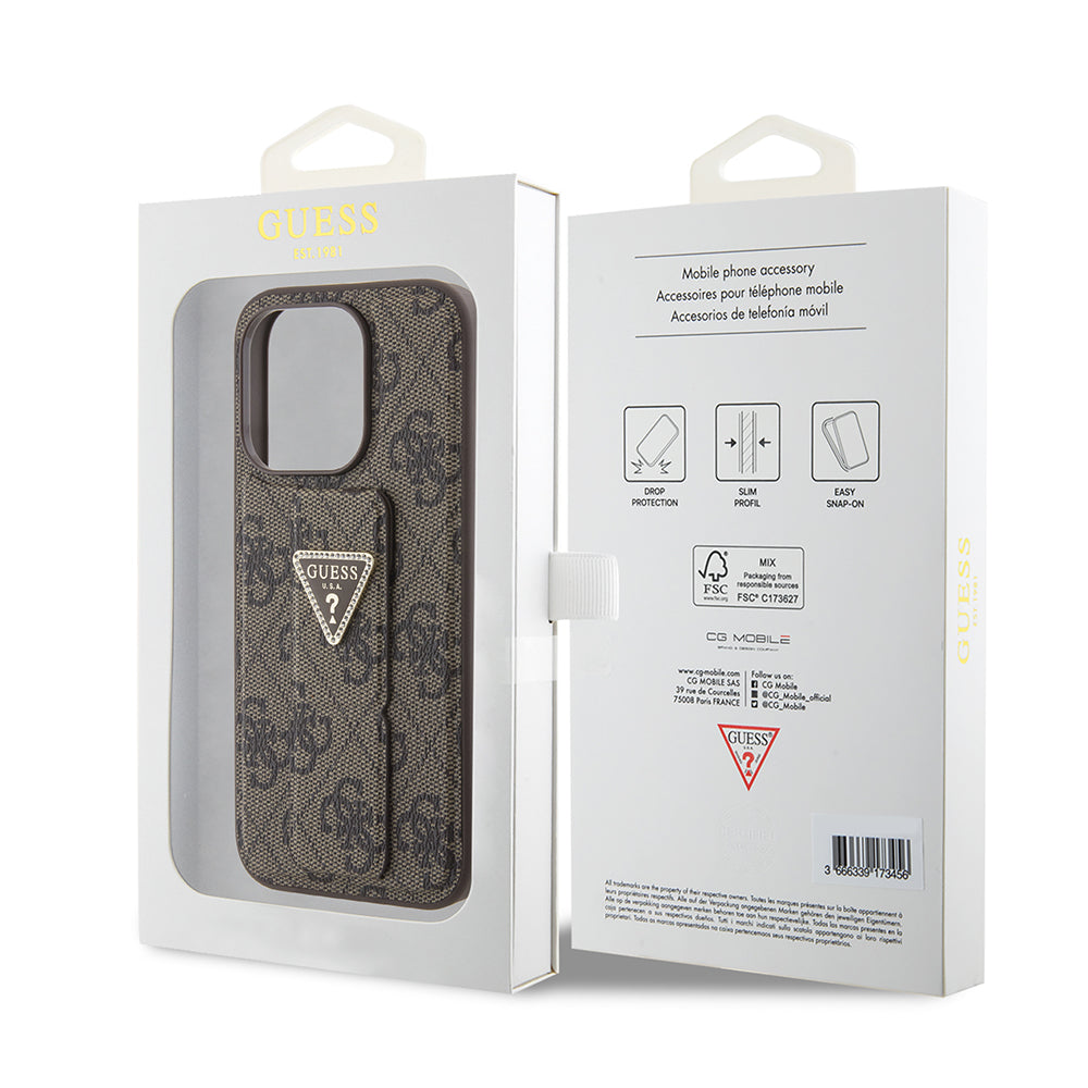 Puzdro pre Apple iPhone 15 Pro, Guess, Grip Stand 4G Triangle Strass, Hnedé