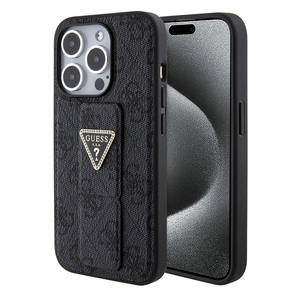 Puzdro pre Apple iPhone 15 Pro, Guess, Grip Stand 4G Triangle Strass, Čierne