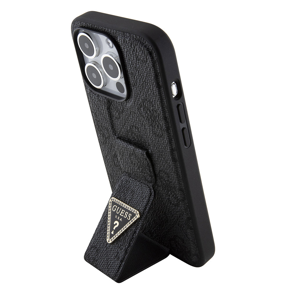 Puzdro pre Apple iPhone 15 Pro, Guess, Grip Stand 4G Triangle Strass, Čierne