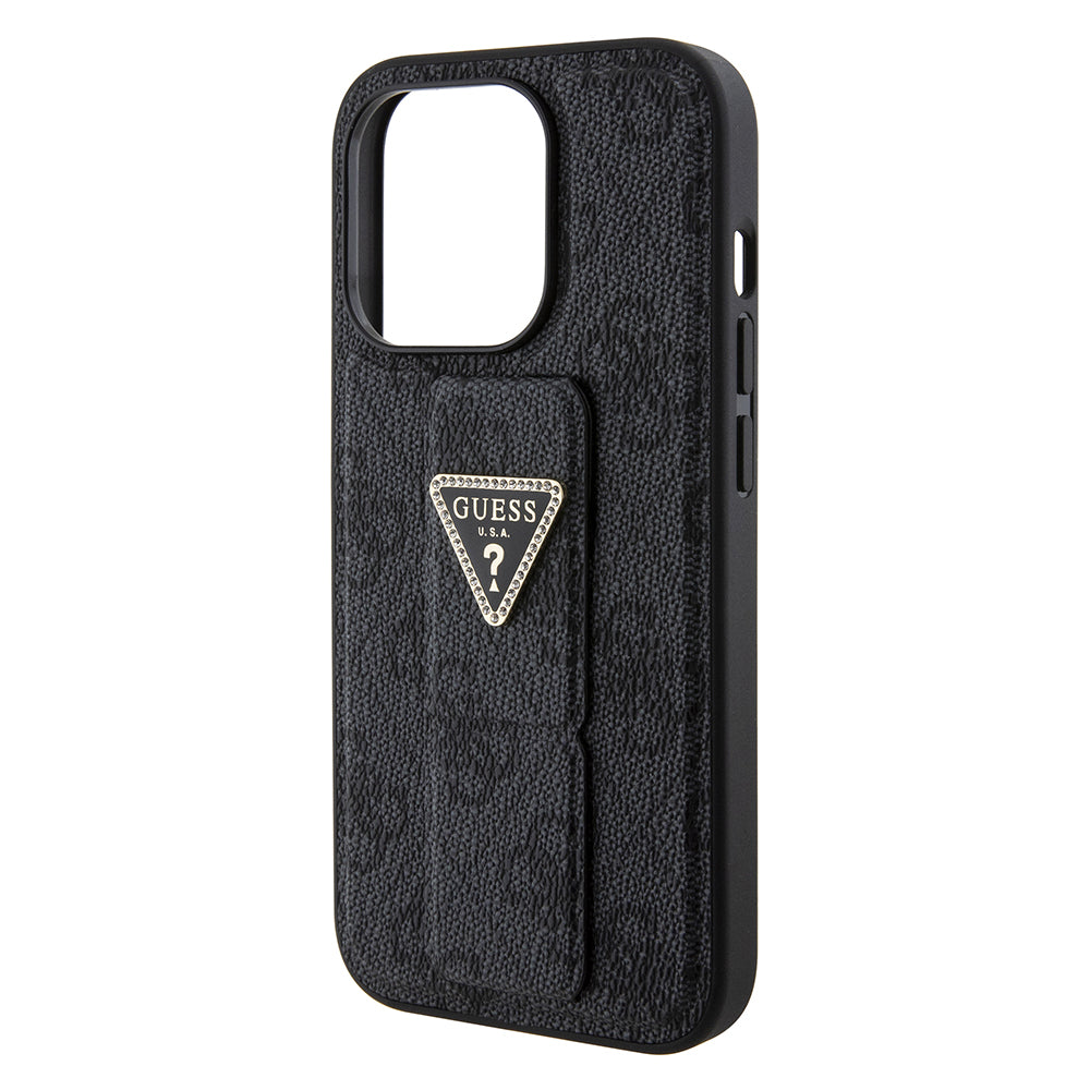 Puzdro pre Apple iPhone 15 Pro, Guess, Grip Stand 4G Triangle Strass, Čierne