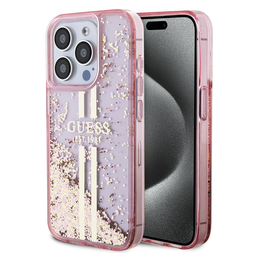 Puzdro pre Apple iPhone 15 Pro, Guess, Liquid Glitter Gold Stripes, Ružové