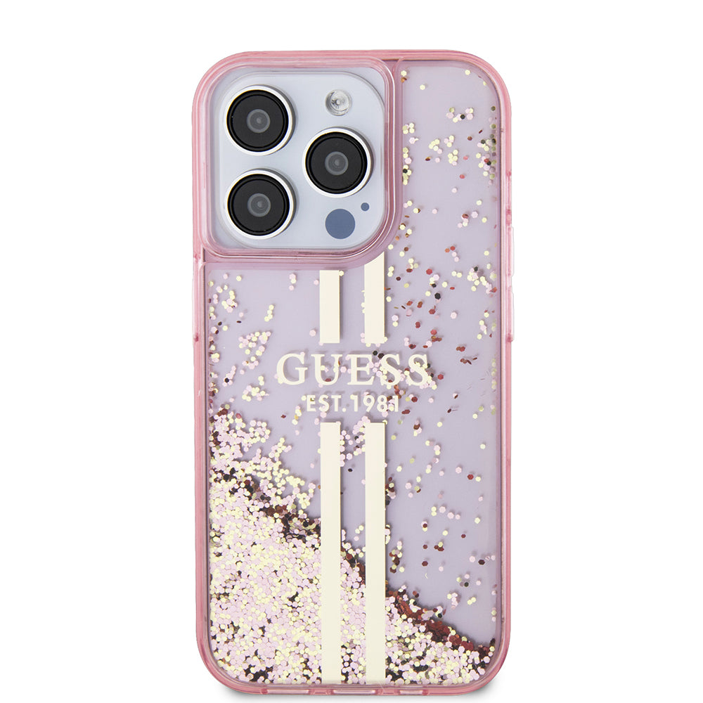 Puzdro pre Apple iPhone 15 Pro, Guess, Liquid Glitter Gold Stripes, Ružové