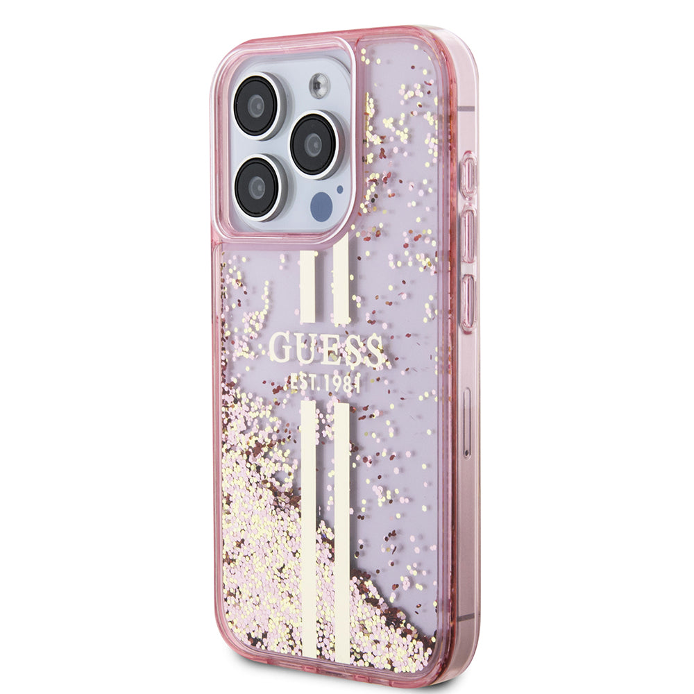 Puzdro pre Apple iPhone 15 Pro, Guess, Liquid Glitter Gold Stripes, Ružové
