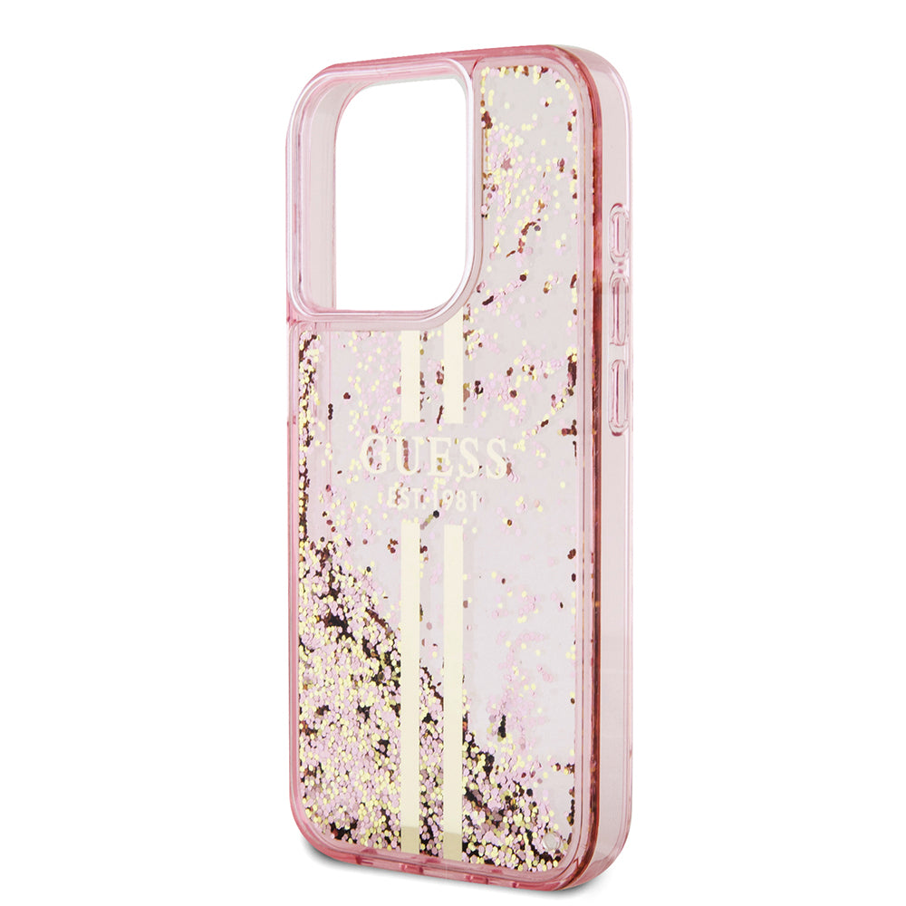 Puzdro pre Apple iPhone 15 Pro, Guess, Liquid Glitter Gold Stripes, Ružové