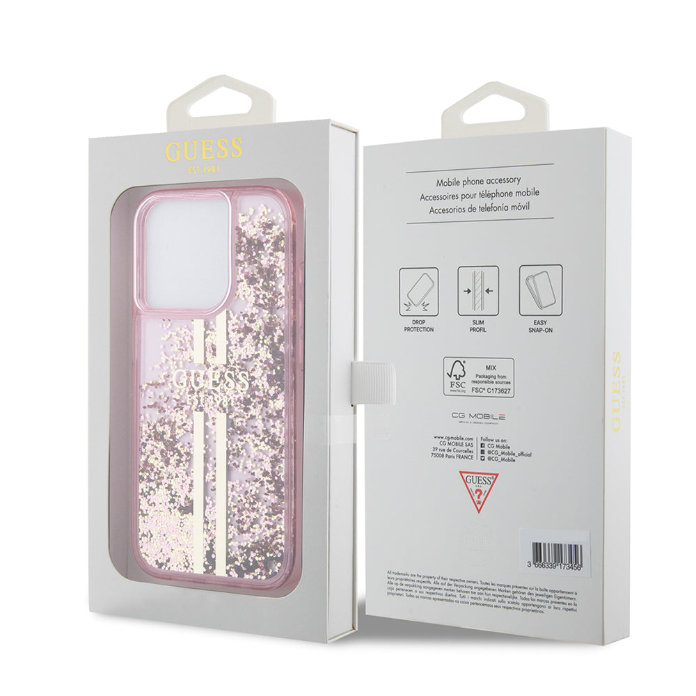 Puzdro pre Apple iPhone 15 Pro, Guess, Liquid Glitter Gold Stripes, Ružové