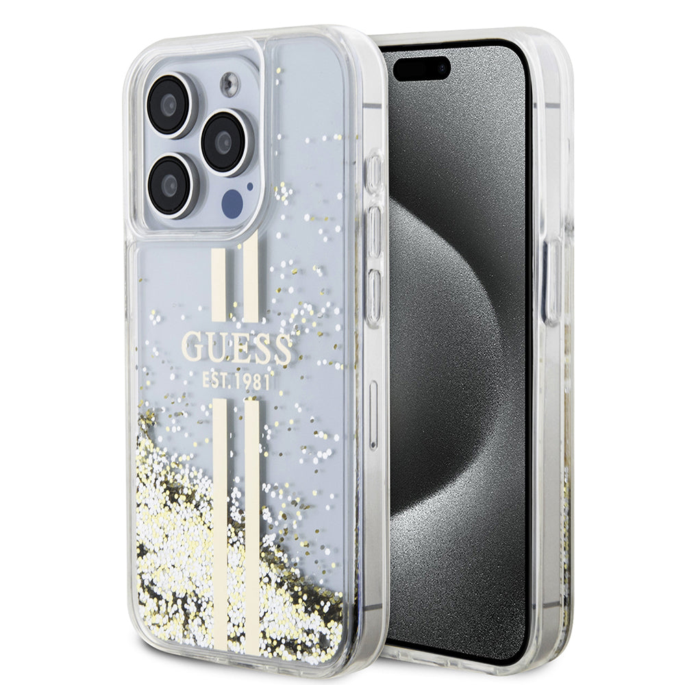 Puzdro pre Apple iPhone 15 Pro, Guess, Liquid Glitter Gold Stripes, Transparent