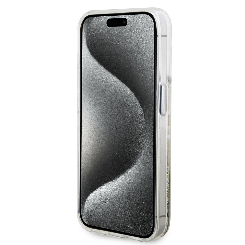 Puzdro pre Apple iPhone 15 Pro, Guess, Liquid Glitter Gold Stripes, Transparent