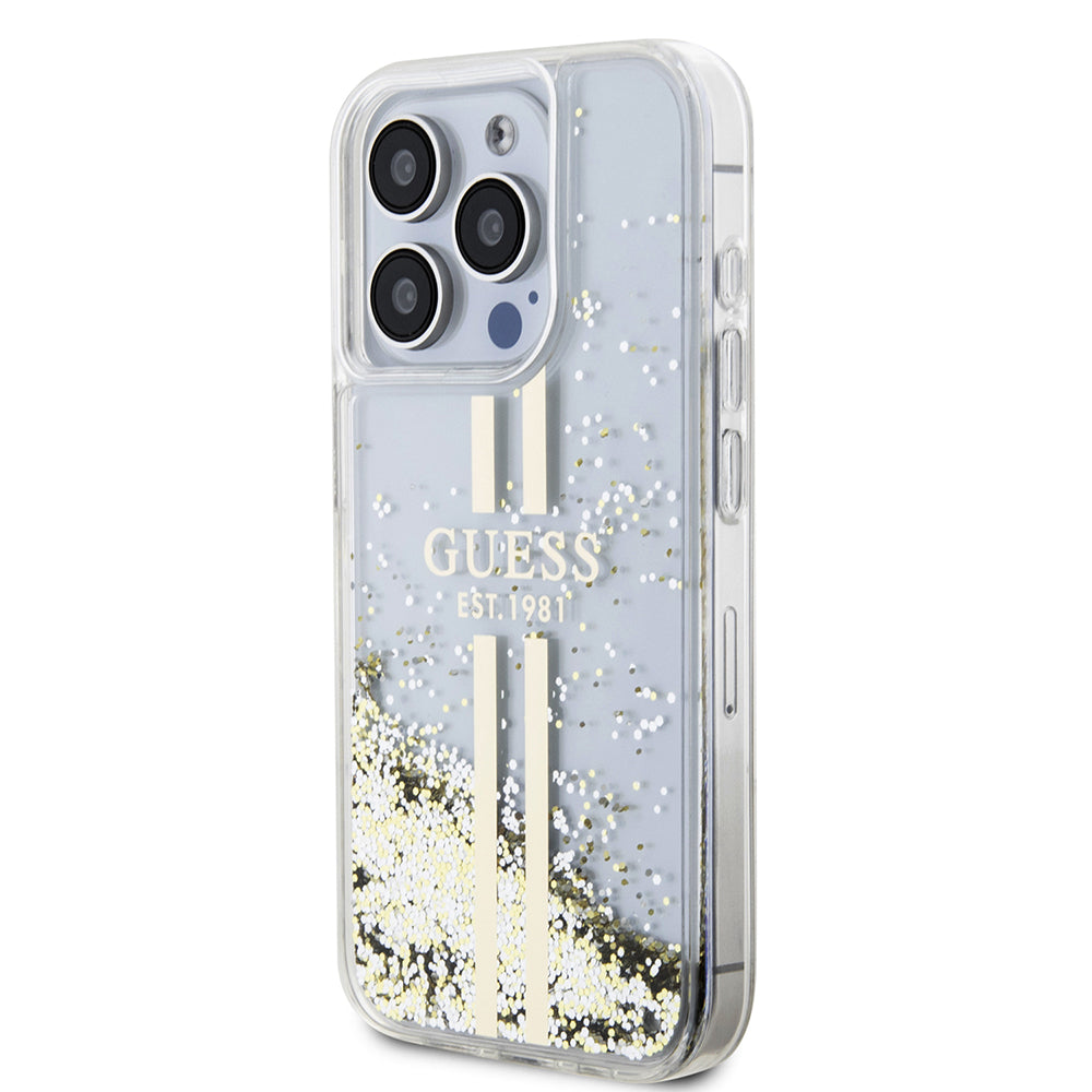 Puzdro pre Apple iPhone 15 Pro, Guess, Liquid Glitter Gold Stripes, Transparent