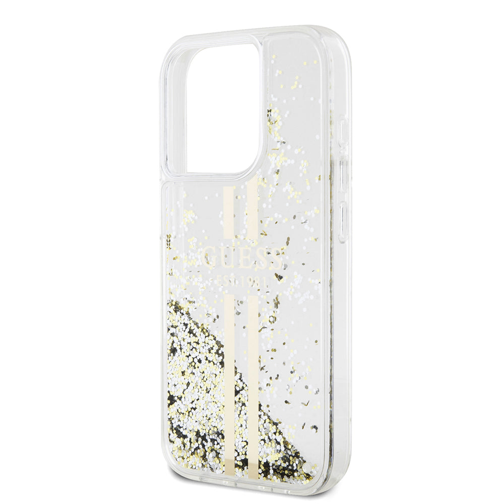 Puzdro pre Apple iPhone 15 Pro, Guess, Liquid Glitter Gold Stripes, Transparent