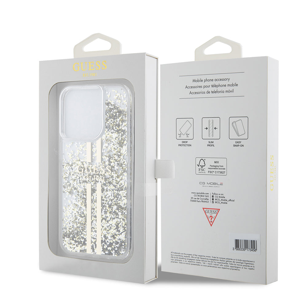 Puzdro pre Apple iPhone 15 Pro, Guess, Liquid Glitter Gold Stripes, Transparent
