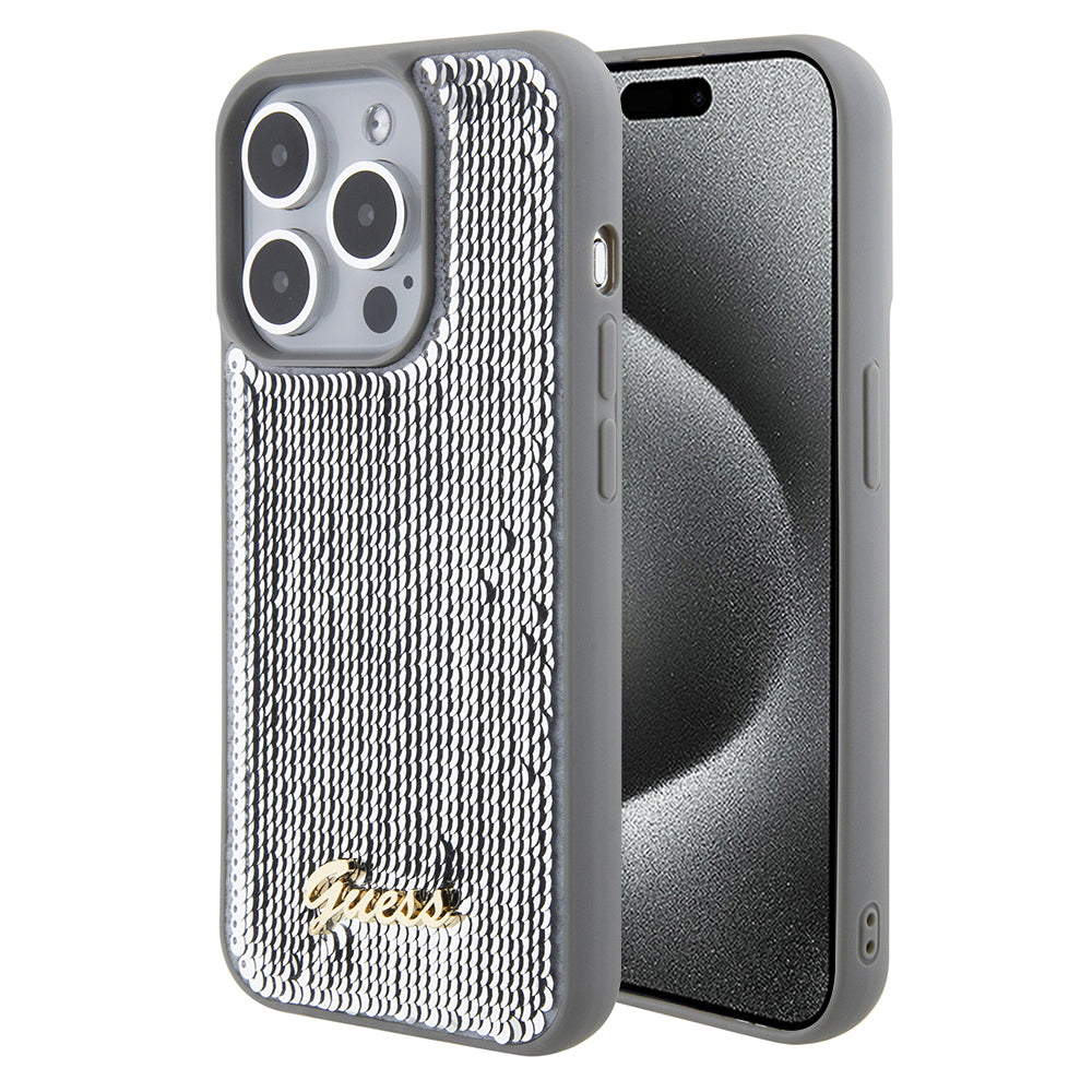 Puzdro pre Apple iPhone 15 Pro, Guess, Sequin Script Metal, Strieborné