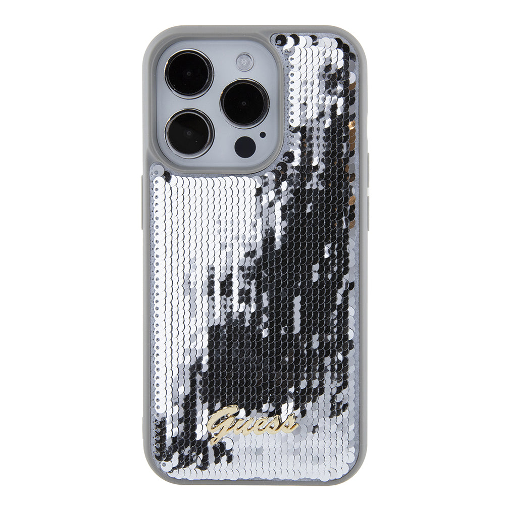 Puzdro pre Apple iPhone 15 Pro, Guess, Sequin Script Metal, Strieborné